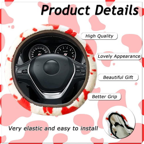 9 Pack Fluffy Cow Print Steering Wheel Cover for Women,ZXGHIJJ Cute Cow Plush Steering Wheel Cover Soft & Warm Fuzzy Steering Wheel Cover Set with...