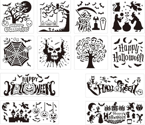NGLAT 12 Pcs Halloween Stencils Template Large Halloween Pumpkins Painting Stencils Reusable Witch Skeleton Template for DIY Cards Crafts Drawing ...