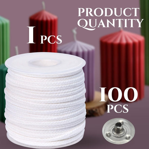 101PCS Candle DIY Tools Set — 200FT Candle Wick Roll and 100PCS Metal Tabs for Candle Making Supplies Candle Wick Spool White Woven Candle Wicks f...
