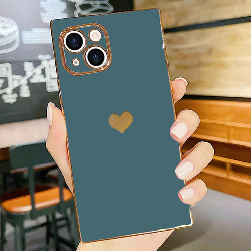 Compatible with iPhone 13 Case Square Luxury Plating Gold for Women Girls Cute Love Heart Pattern Shockproof Raised Full Camera Lens Protection Co...