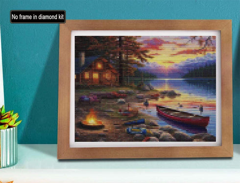 SKRYUIE 5D Sunset Lake Cabin Boat Diamond Art Painting Kit - DIY Diamond Art Landscape, Full Round Drill - Crystal Embroidery Cross Stitch - Adult...