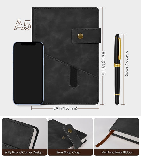 Black A5 Lined Leather Journal Notebook,Personalized Hardcover Journal Set with Pen & Gift Box,100Pages 100gsm Thick Ruled Paper Daily Diary for M...
