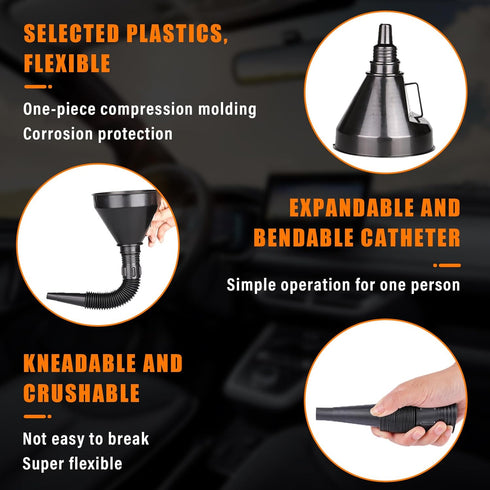 Wide Mouth Oil Funnel with Flexible Extension, Nozzle Hose with Handle Mesh Screen Filter, Removable Mesh Screen Filter for Water, Gasoline, Coola...