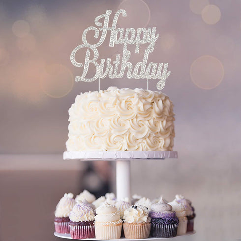 Happy Birthday Cake Topper - Premium Silver Metal - Happy Birthday Party Sparkly Rhinestone Decoration Makes a Great Centerpiece - Now Protected i...