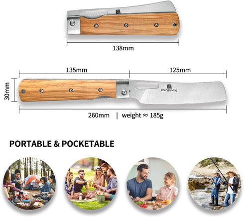 ZhengSheng Folding Chef Knife 4.8” Ultra Sharp 440A Stainless Steel Blade Natural Olive Handle Pocket Foldable Japanese Style Kitchen Knife for Ou...