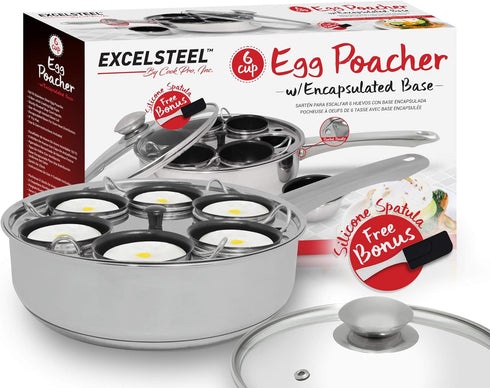 EXCELSTEEL Non Stick Easy Use Rust Resistant Home Kitchen Breakfast Brunch Induction Cooktop Egg Poacher, 6 Cup, Stainless Steel, Round...