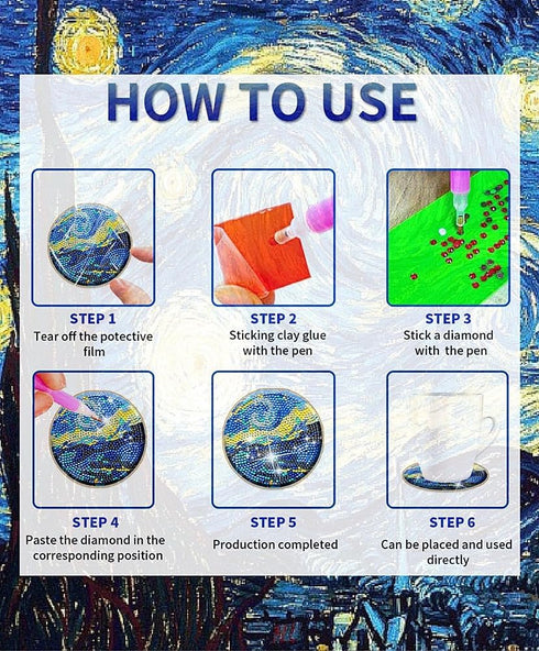 NUFTVI Diamond Painting Van Gogh Starry Night Coasters, 6 PCS Diamond Painting Coasters Craft Kits Gift for Beginners and Adults....