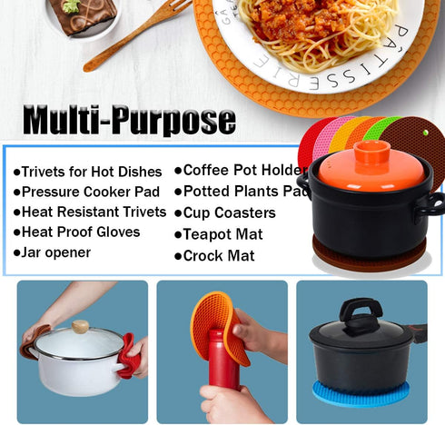 5 Pcs Round Silicone Trivets Pot Holder Mats,Extra Thick Heat Resistant Kitchen Countertop Mats,Honeycomb Rubber Hot Pads Trivets for Hot Dishes,F...