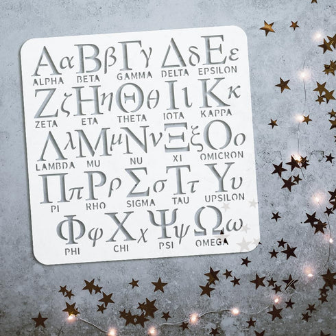 FINGERINSPIRE Greek Text Painting Stencil 11.8x11.8 inch Reusable Greek Letter Pattern Drawing Template Alpha Beta Gamma Delta Phi Sigma Decor Ste...