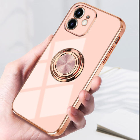 Omorro for Pink iPhone 11 Case for Women Ring Holder, Built-in 360 TPU Rotation Kickstand Rings Cases with Stand Glitter Plating Rose Gold Edge Wo...