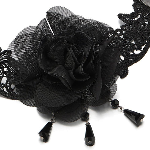 COOLSTEELANDBEYOND Ladies Womens Black Lace Choker Necklace with Camellia Flower and Dangling Beads Charm Pendant...