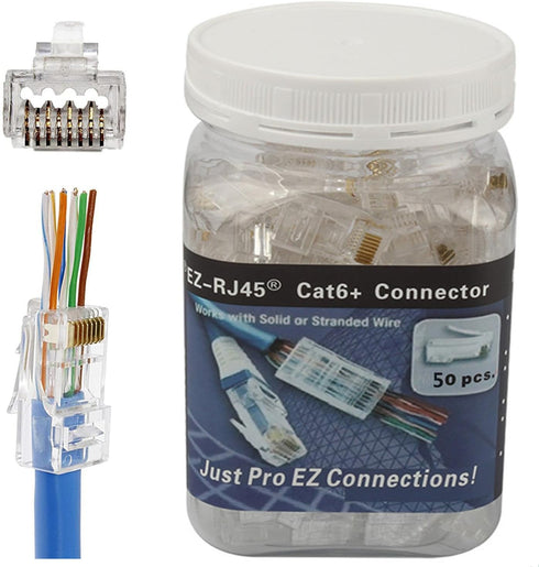 PETECHTOOL RJ45 CAT6A CAT6 Pass Through Connectors 23 AWG Cables 50-Pack - End Bold Ethernet 8P8C Gold Plated Modular Plug for Unshielded Twisted ...