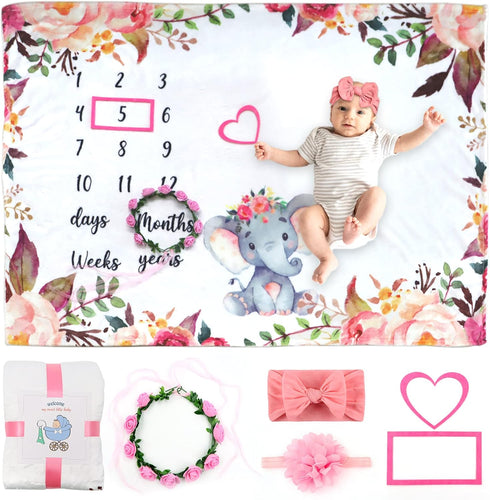 SPOKKI 6 PCS Baby Monthly Milestone Blanket Girl, 60''x40''Fleece Monthly Blanket Newborn with Headband for Photography Background Prop and Mom Nu...