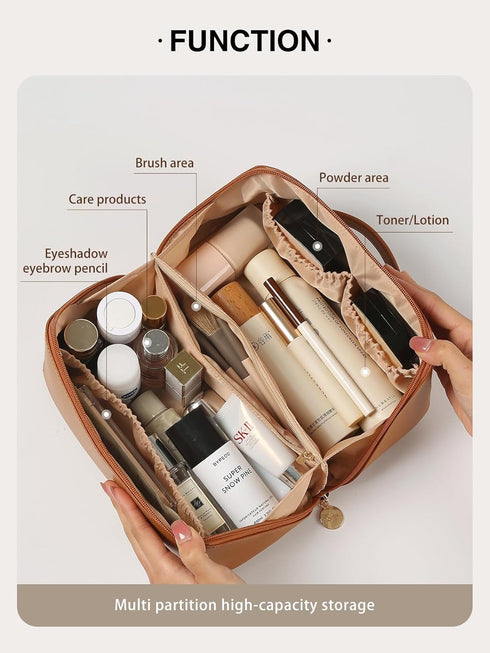 Travel Makeup Bag, Large Capacity Travel Cosmetic Bag for Women, Portable Cosmetic Pouch PU Leather Waterproof Open Flat Travel Toiletry Bag Make ...