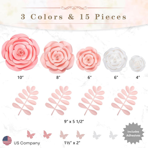 Rainbows & Lilies 15pc Large Paper Flowers Decorations for Wall - Reusable 3D Wall Decor for Girls Room, Nursery & Kids Bedroom - Pink & White Art...