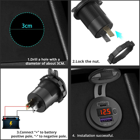 12V USB C Car Charger Socket, Ouffun Dual PD & QC 3.0 Ports 12V USB Car Outlet Adapter with Button Switch, lPhone Fast Charger with 23.7 Inches Wi...