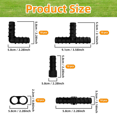 50PCS Irrigation Fittings Kit for 3/4 Inch Tubing with Tees,90-Degree Elbows, Couplings, 8 Letter End Cap Plugs and End Plug Barbed Connectors for...