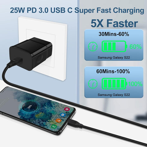 25W Samsung Charger Fast Charging Block for Samsung Galaxy S24/S23 Ultra/S23+/S23/S22+/S22 Ultra/S21/S20/Note 20/A15/A54/A14/A53 5G/A13/A03S,Galax...