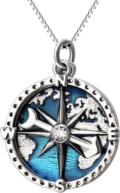 YFN Compass Pendant Necklace Sterling Silver Navy Anchor Travel Map Necklace for Women Men 18"...