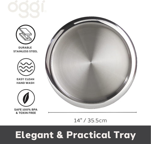 OGGI Round Tray Steel 14" - Ideal Coffee Table, Decorative Tray, Tea and Bar Serving Tray Stainless Steel...