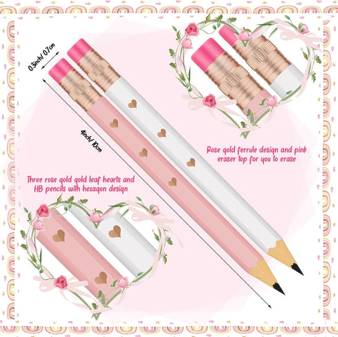 CHENGU 48 Pcs Half Pencils with Eraser Bridal Shower Pencils Mini Pencils Golf Pencils Rose Gold Heart Pencils White Pink Pre Sharpened Pencils We...