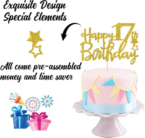 Gold Glitter Happy 17th Birthday Cake Topper - 17 Cake Topper - 17th Birthday Party Supplies - 17th Birthday Party Decorations...