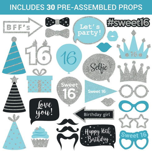 Fully Assembled Sweet 16 Birthday Photo Booth Props - Set of 30 - Teal Blue & Silver Selfie Signs - 16th Party Supplies & Decorations - 16th Bday ...