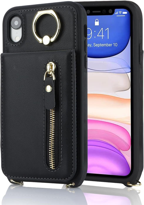 iPhone XR Phone Case with Card Holder for Women, iPhone XR Case Wallet with Strap Credit Card Slots Crossbody with Kickstand Zipper Case for iPhon...