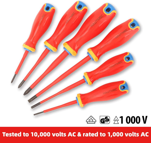 HAUTMEC 1000V VDE Insulated Screwdriver Set 6Piece Electrician Screwdriver Set with Forged S2 Shanks, Magnetic Tips, Tri-Material Cushion Grip, Pr...
