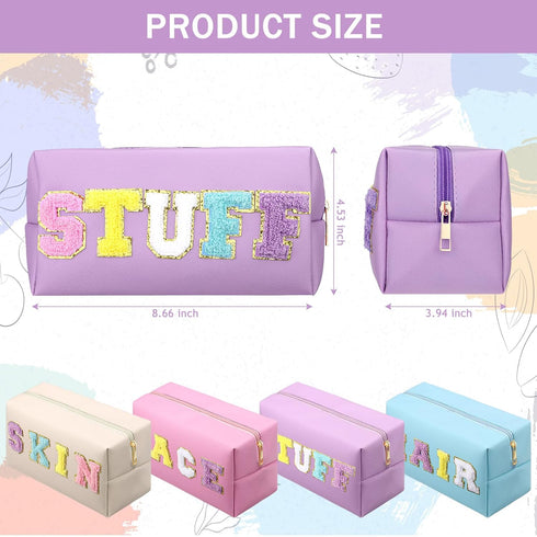 4 Pcs Large Chenille Letter Patch Makeup Bag Skin Stuff Hair Face Bag Preppy Patch Makeup Cosmetic Bag Toiletry Zipper for Women Teen Girl(Letters...