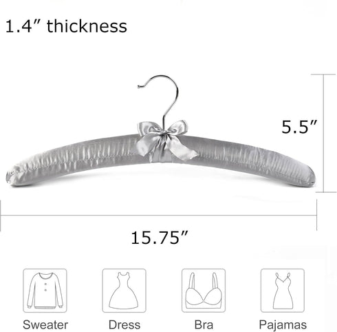 Grey Satin Padded Sweater Hangers 5 Pack, Blouse Hanger with Thick & Soft Foam for Bridal Wedding Dress Lingerie, Smooth Silk Covered Shirt Hanger...
