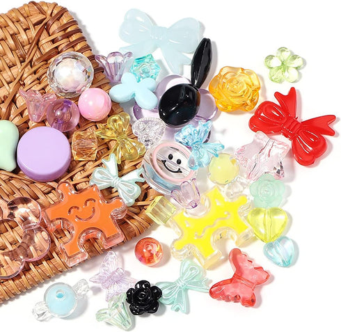 170~210pcs Cute Assorted Beads for Jewelry Making Acrylic Kawaii Aesthetic Beads for Bracelets Making Flower Butterfly Beads Bulk Necklaces DIY Mo...