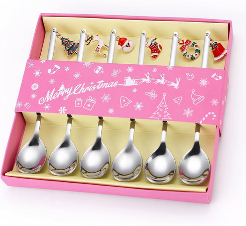 Dessert Spoons Silverware Christmas Silver Small Stainless Steel Flatware 6 Pieces Xmas Decorative Pendants Stirring Utensils for Coffee Tea Drink...