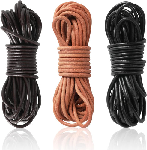 SOSMAR 3 Rolls 5.5 Yard X 3MM Cowhide Round Leather Cords Rope String for Jewelry Making Bracelet Necklace Jewelry Making Lanyards DIY Crafts, Bla...