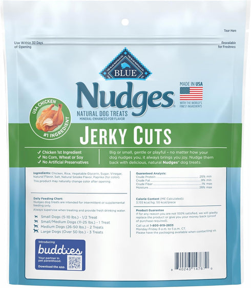 Blue Buffalo Nudges Jerky Cuts Dog Treats, Made in the USA with Natural Ingredients, Chicken, 10-oz. Bag...