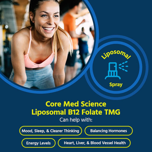 Core Med Science Liposomal B12 Folate TMG Liquid Spray Supplement for Women & Men - Supports Mood, Cognitive, & Heart Health - Vitamin B9 & Betain...