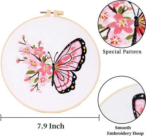 LB Butterfly Embroidery Kit for Beginners Adults, 3 Sets Hand Embroidery Starter Kit with Flower Pattern and Instructions Stamped Cross Stitch Kit...