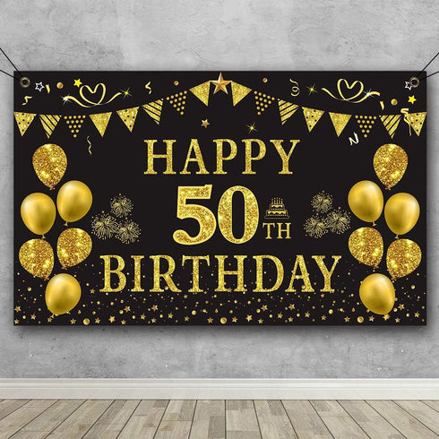 Trgowaul 50th Birthday Backdrop Gold and Black 5.9 X 3.6 Fts Happy Birthday Party Decorations Banner for Women Men Photography Supplies Background...
