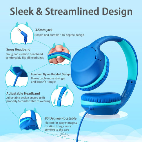 POWMEE P20 Kids Headphones for School, Kids/Teens/Boys/Girls with Safe 94dB Volume Limited, 3.5mm Jack Wired Cord Over-Ear for Fire Tablets/Travel...
