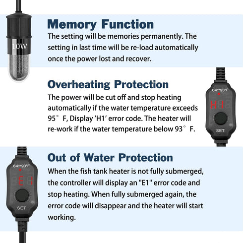 Adjustable Mini Aquarium Heater 0.5/1/2/3 Gallon Submersible Small Fish Tank Heater 10W/20W/30W Digital Display Thermostat External Temperature Co...