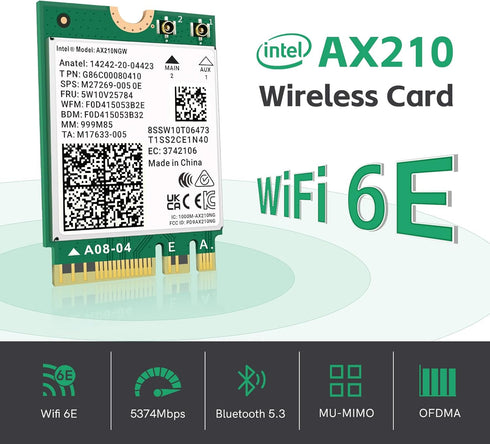 WiFi 6E AX210 NGW Wireless Card M.2 2230/NGFF WiFi 6E Laptop Module with Bluetooth 5.3, 5400Mbps Tri-Band AX210 WiFi Chip Adapter, Ultra-Low Laten...