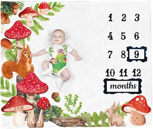 Mushroom Baby Stuff, Woodland Squirrels Baby Monthly Milestone Blanket for Newborn Photo Taken - Baby Age Blanket with 2 Frame...