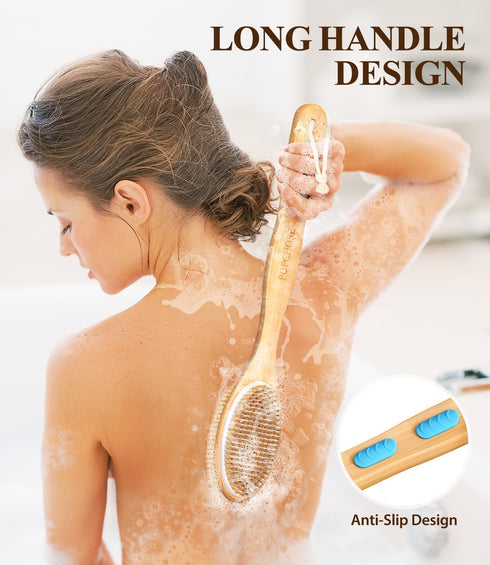 POPCHOSE Shower Brush with Soft and Stiff Bristles, Dual-Sided Long Handle Back Scrubber Bath Brush Body Exfoliator for Wet or Dry Brushing, Dry B...