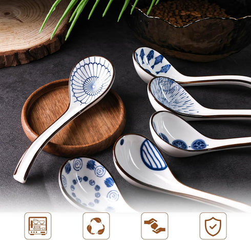 HANSGO 6PCS Asian Ceramic Soup Spoons, 6.5 Inch Chinese Soup Spoons Long Handle Noodle Soup Spoons for Ramen Wonton Dumpling...