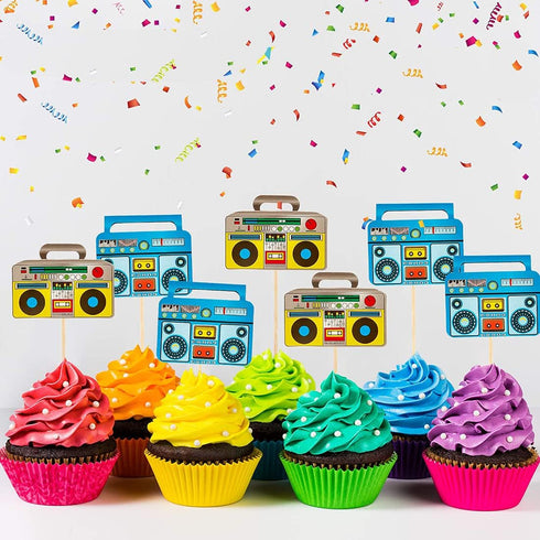 Morndew 24 PCS Radio Boom Box Cupcake Toppers for Nostalgic Ball Music Theme Party 70s 80s 90s Hip Hop Party Birthday Party Wedding Party Decorati...