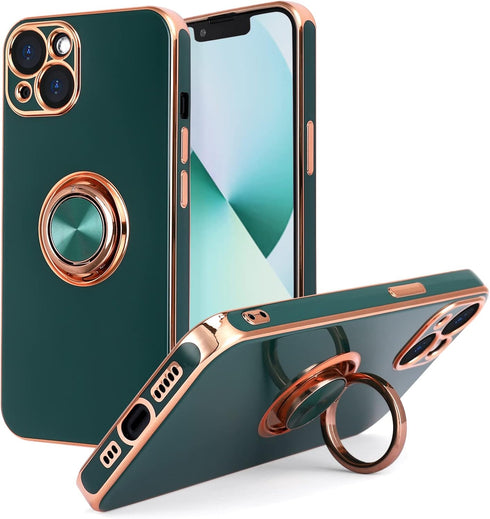 Design for iPhone 13 Case, Built-in 360° Rotatable Ring Holder Magnetic Kickstand Soft Silicone Ultra Slim Edge Plating Protective Cover 2021 6.1 ...