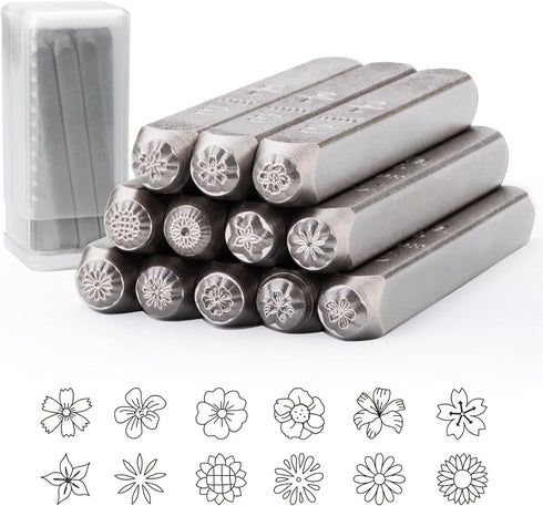 Tlimus 12pcs Flower Theme Metal Stamps, 3MM (1/4”) Metal Stamping Tools DIY Arts and Crafts Supplies Stamping Accessories, Leather & Wood Stamps...