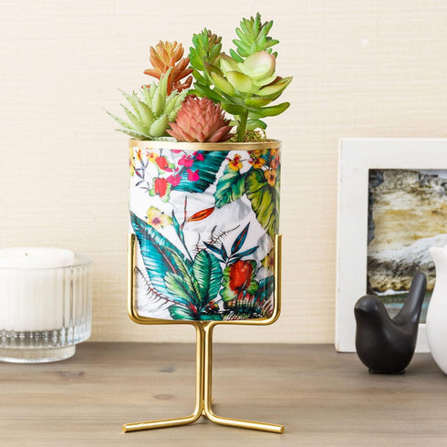 MyGift Handcrafted Intricate Design Planter Pot with Gold Rim and Colorful Floral Pattern and Removable Brass Tone Metal Stand, Handmade in India...