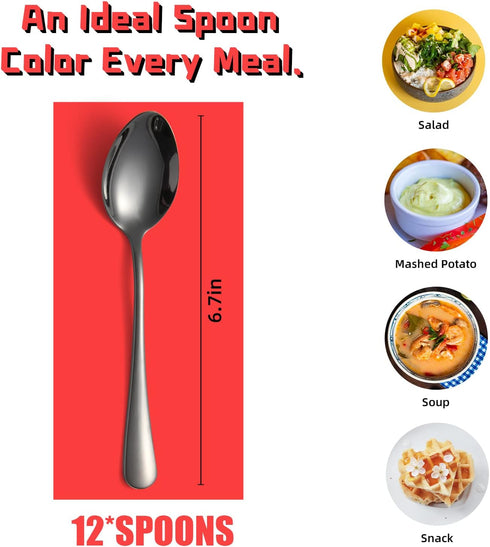 Dinner Spoon Set of 12 Pieces, 6.8 inch Black Soup Spoons, Stainless Steel Flatware, Mirror Polished Home Kitchen and Restaurant Cutlery Utensils...