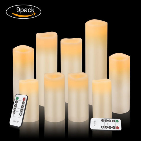 Flameless Candles Battery Operated Candles 4" 5" 6" 7" 8" 9" Set of 9 Ivory Real Wax Pillar LED Candles with 10-Key Remote and Cycling 24 Hours Ti...